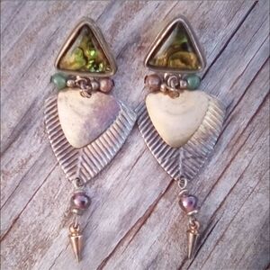 Vintage Silver Tone Mixed Media Dangle Earrings 3 Inch Boho